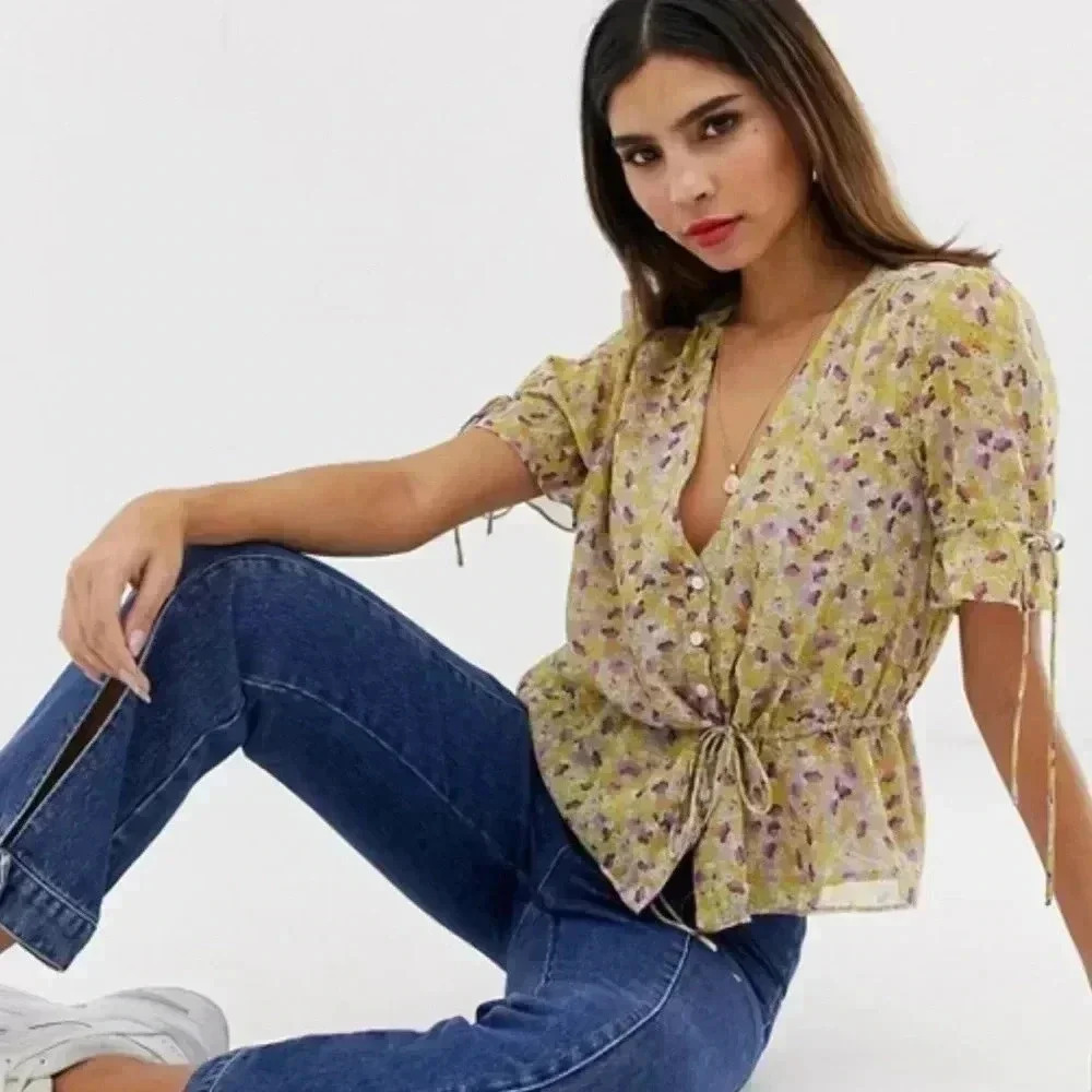 The East Order Natural Arlo Floral Tie Blouse